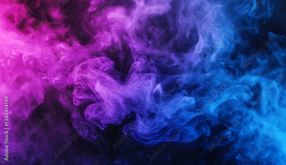 Poster mystical and colorful smoke swirls in shades of blue and purple on a dark background for artistic ba