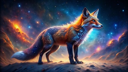 A cosmic fox with a glowing galaxy pattern in its fur, sparkling like the Milky Way, standing in a dreamy night landscape
