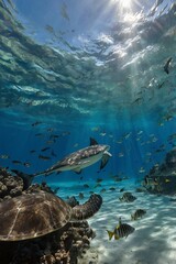 Fototapeta premium Great White Shark Swimming in a Crystal-Clear Ocean