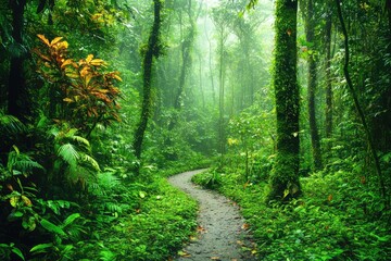 Obraz premium Lush rainforest path winding through vibrant green foliage, misty ambiance