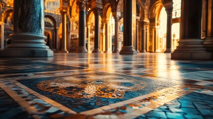 Obraz premium Grand Interior with Mosaic Floor and Arched Columns Illuminated by Warm Light