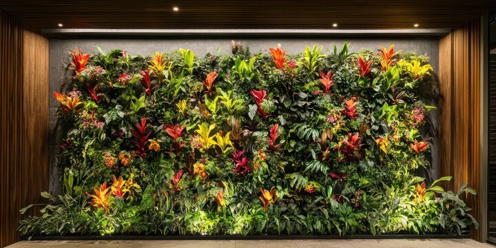 Colorful living wall of vibrant tropical plants with lighting - Powered by Adobe