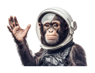 Chimpanzee in space suit waving hello, cut out