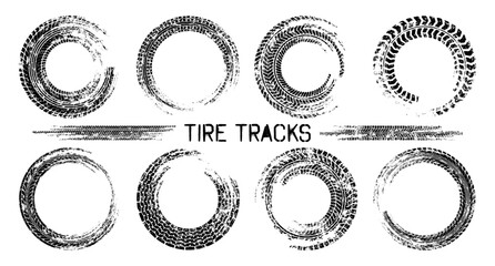 Grunge circle tire tracks, wheel braking marks. Truck, car or motorcycle tread pattern silhouettes. Auto race, motorsport, speed racing design element. Vector illustration