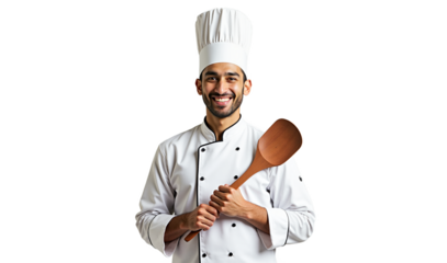 Smiling Indian chef portrait, holding spatula, isolated on white background for culinary projects, menus, and food industry marketing. Isolated on transparent background.