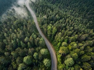 Scenic Aerial View of a Winding Mountain Road Through a Dense Forest