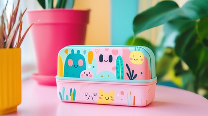 Minimalist lunchbox with colorful abstract shapes and quirky cartoon characters, set on a pastel pink tabletop with soft-focus decorative plants in the background