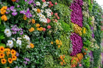 A vibrant and colorful vertical garden showcases diverse floral arrangements