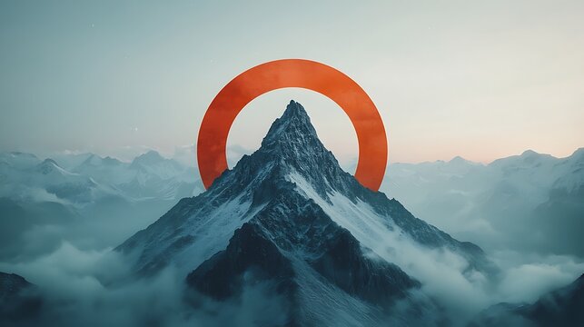 Majestic mountain peak encircled by a bold orange circle, set against a backdrop of misty alpine landscape
