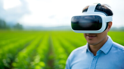A man wearing a virtual reality headset stands in a green field, blending technology with agriculture.