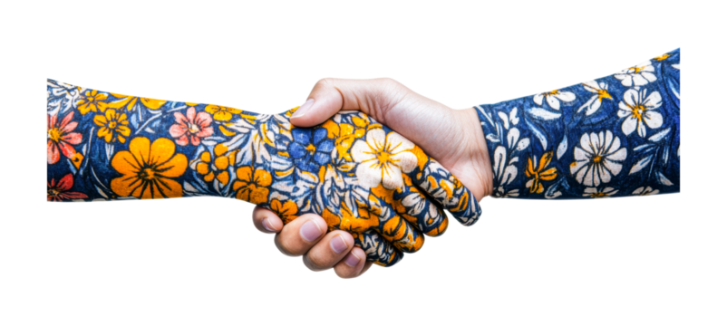 Floral pattern handshake featuring painted hands with vibrant flower designs, cut out