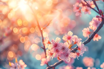 Beautiful cherry blossom sakura in spring time on blue sky background
