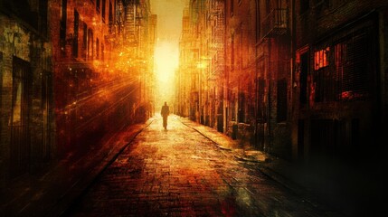 Solitary Figure Walking in Narrow Alleyway Under Bright Sunset Glow