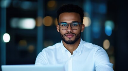 Obraz premium Caucasian female young professional working on laptop in modern office
