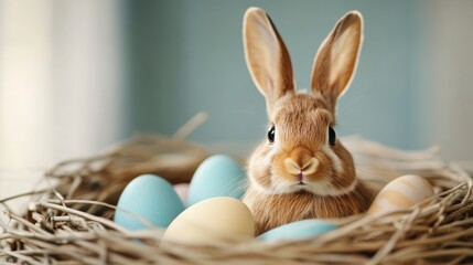 Adorable bunny nestled among colorful easter eggs in a straw basket
