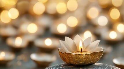 Serene candlelit lotus flower with golden light reflection