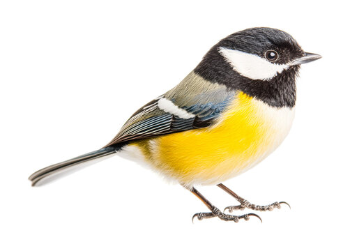 Vibrant great tit bird with yellow and black feathers, cut out