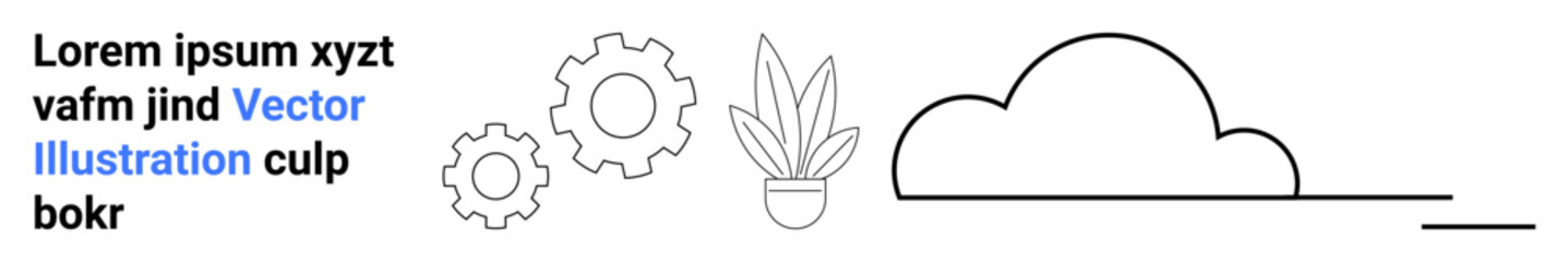 Cloud icon, plant in pot, two cogwheels, and text elements in minimalist style. Ideal for technology, teamwork, automation, eco-friendly concepts, innovation networking cloud computing flat
