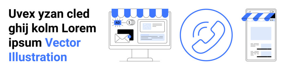 Digital storefront elements with a desktop computer and smartphone displaying shop platforms, accompanied by a phone call icon. Ideal for e-commerce, communication, shopping, marketing, retail