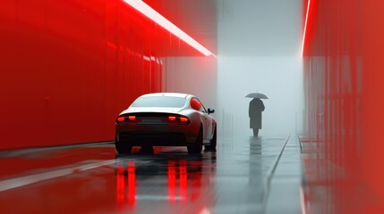 Fototapeta premium Luxury car in modern red corridor with silhouette of person holding umbrella