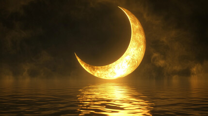 A surreal golden crescent moon floating above calm water, creating a mystical, dreamlike atmosphere. Perfect for fantasy, Islamic art, and spiritual themes