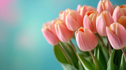 Vibrant pink tulips in bloom displaying nature's beauty against a soft cyan background