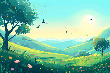 Obraz premium Tranquil Landscape with Rolling Hills, Colorful Flowers, and Majestic Trees under a Radiant Sun in a Serene Natural Environment