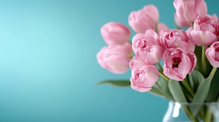 Fototapeta premium Vibrant pink tulips in vase against turquoise background