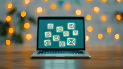Fototapeta premium A closeup shot of a laptop on a desk, with luminous email icons symbolizing modern communication and business growth.
