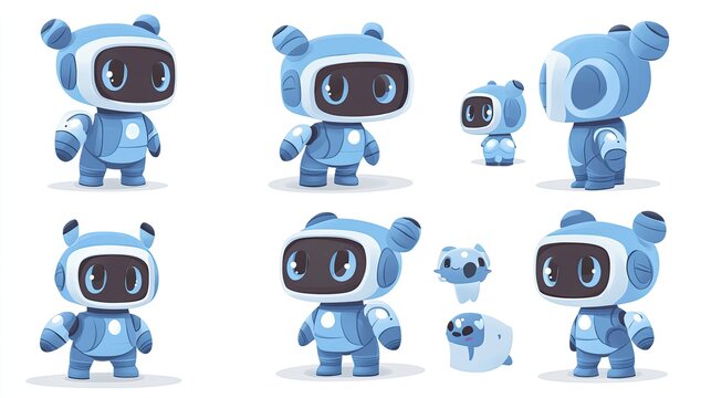 Cute robot characters poses, various views, white background, for children's app