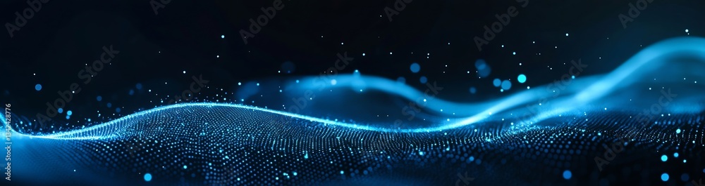Poster Dynamic blue light waves creating a mesmerizing digital wave pattern on a dark backdrop : Generative AI