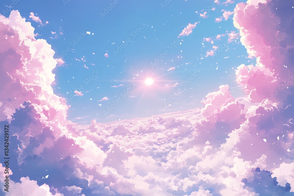 Poster stunning panoramic view of a clear blue sky with fluffy clouds and warm sunlight creating a serene a