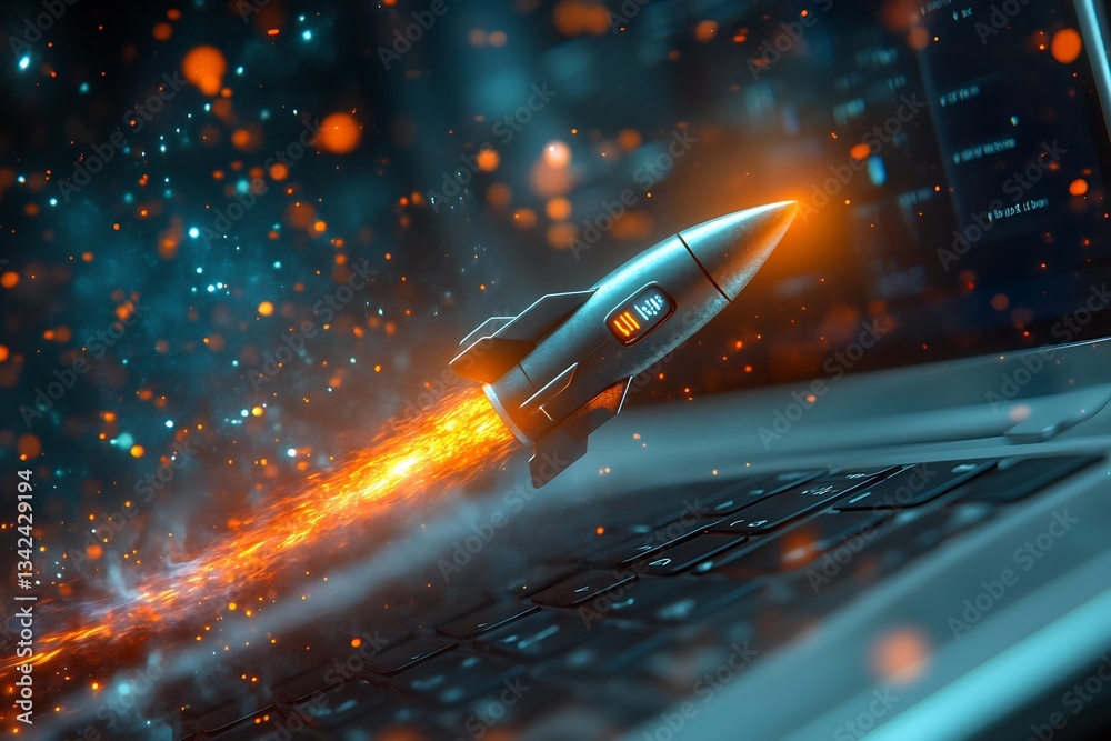 Poster Stylish laptop with dynamic rocket flame illustrating speed and creativity in the tech industry : Generative AI