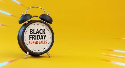 Retro alarm clock on a bright yellow background with space for text invites you to Black Friday with discounts