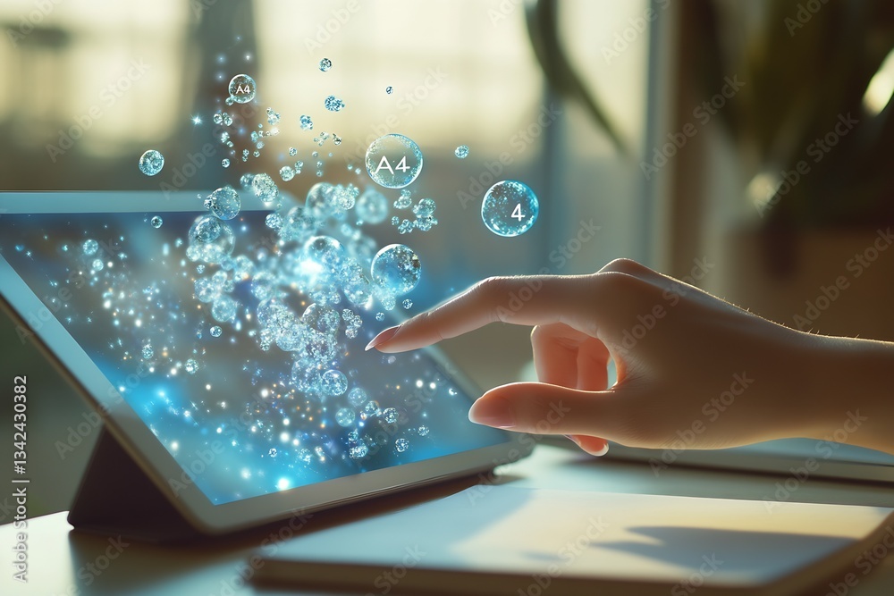 Fototapete Engaging with Magical Digital Graphics on a Tablet Screen in a Bright Modern Workspace : Generative AI