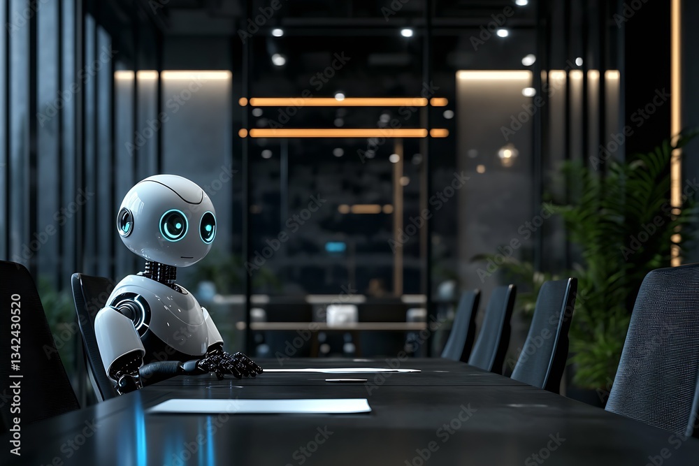 Poster futuristic robot in a sleek meeting room promoting advanced communication and collaboration : genera