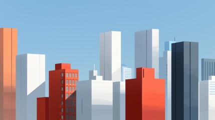 Vibrant cityscape silhouette against clear blue sky with modern architecture