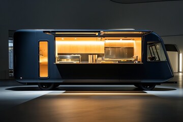 Obraz premium Stylish modern food truck featuring sleek exterior and warm lighting perfect for culinary events : Generative AI