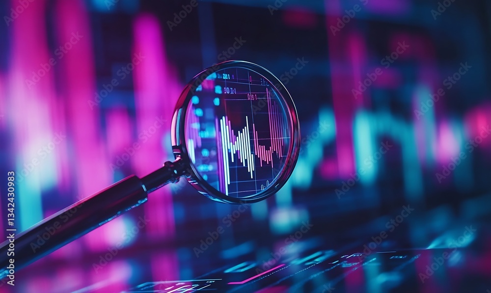 Poster virtual analytical tools represented by a magnifying glass revealing colorful financial data and tre