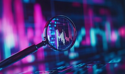 Virtual analytical tools represented by a magnifying glass revealing colorful financial data and trends : Generative AI