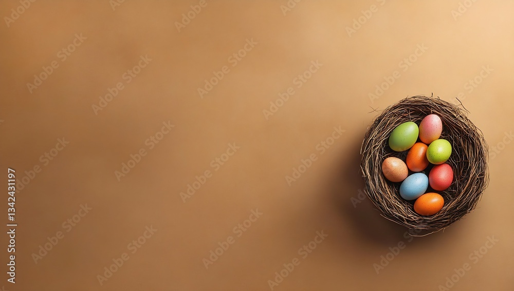 Poster a vibrant variety of easter eggs totalling a colorful nest arrangement on earthy backdrop : generati
