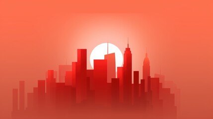 Fototapeta premium Abstract cityscape with red skyscrapers against a setting sun