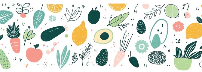 Colorful hand drawn illustration of fruits and vegetables with vibrant patterns and playful design elements : Generative AI