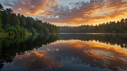 Fototapeta premium A sunrise over a peaceful lake with soft reflections on the water