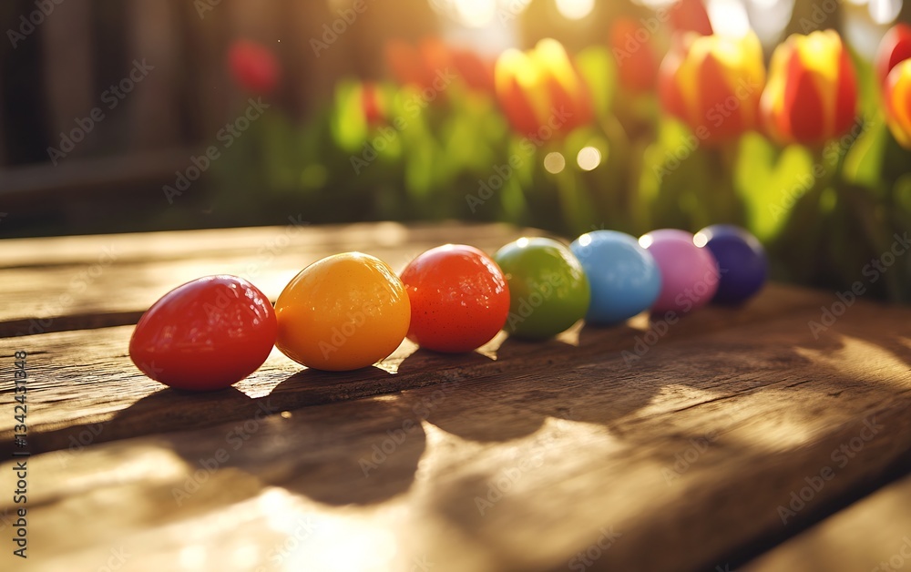 Aufkleber vividly colored easter eggs neatly aligned on a wooden surface with tulips creating a warm ambiance 