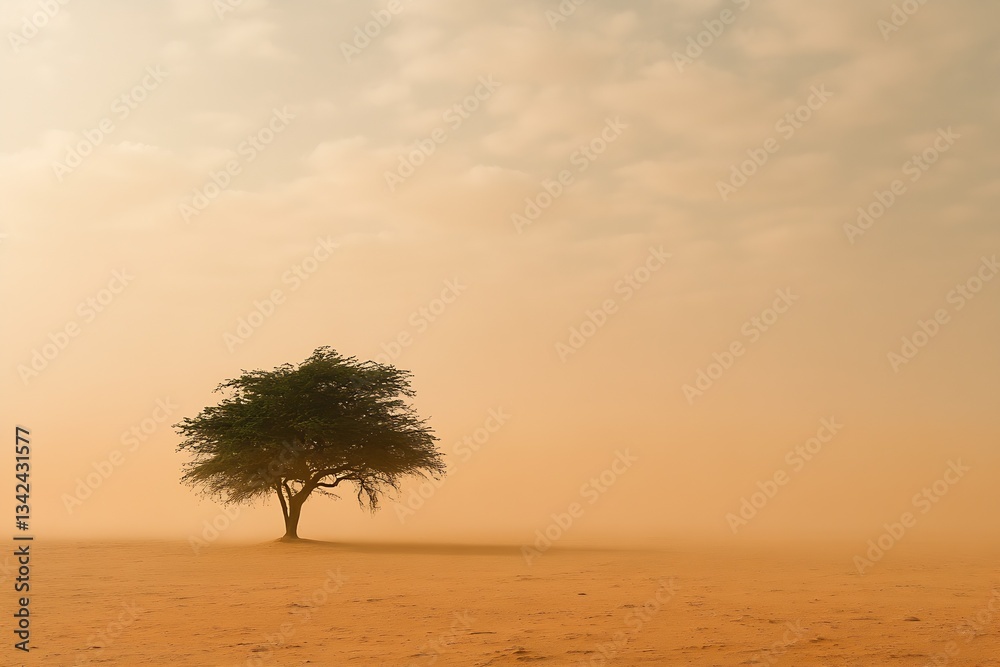 Poster Lonely tree basking in the golden hour light with soft clouds in a misty desert : Generative AI