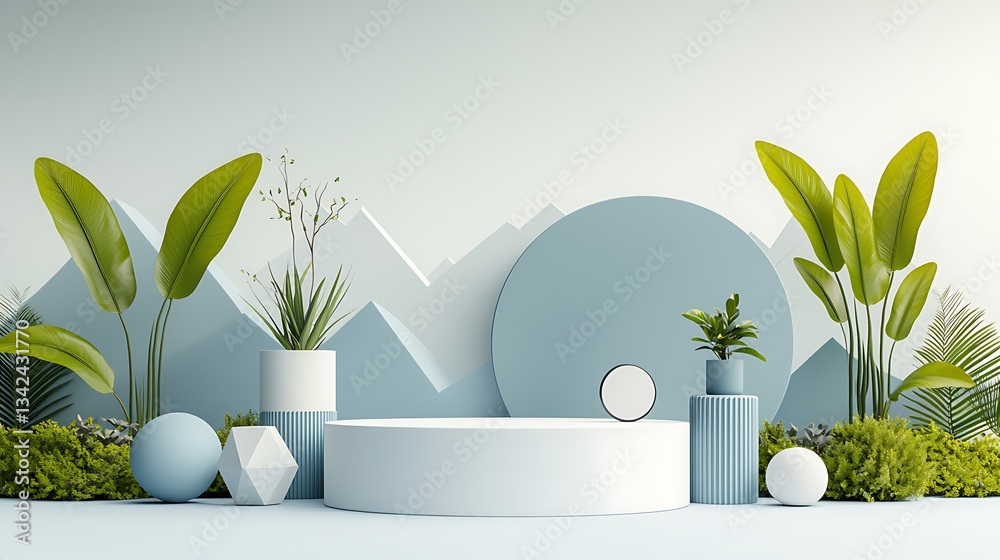 Poster minimalist display podium with plants and geometric shapes