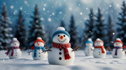 A winter wonderland background with tiny snowmen wearing scarves