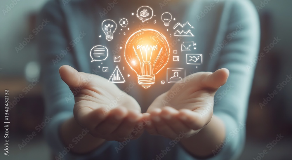 Aufkleber illuminated light bulb held between hands surrounded by creative business illustrations and symbols 
