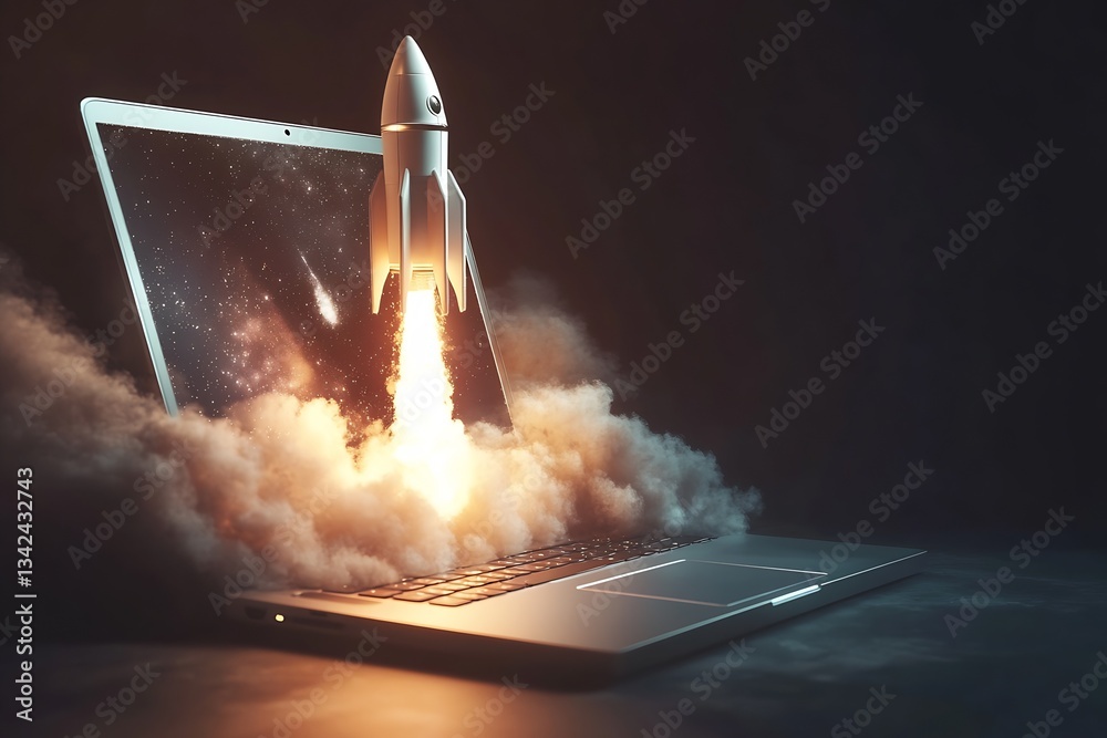 Poster creative concept of a rocket launching from a laptop with vibrant colors and dynamic smoke effects :